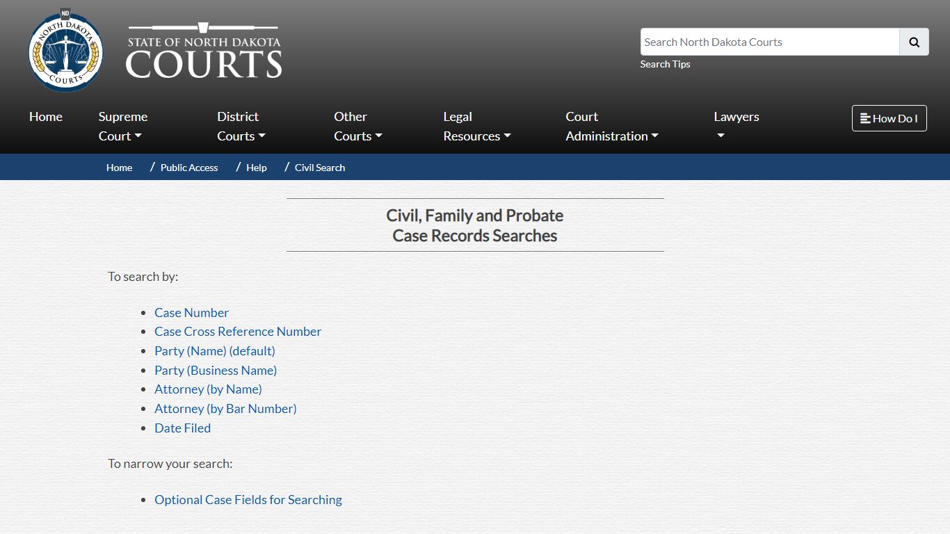 North Dakota Court System - Civil, Family and Probate Case Records Searches